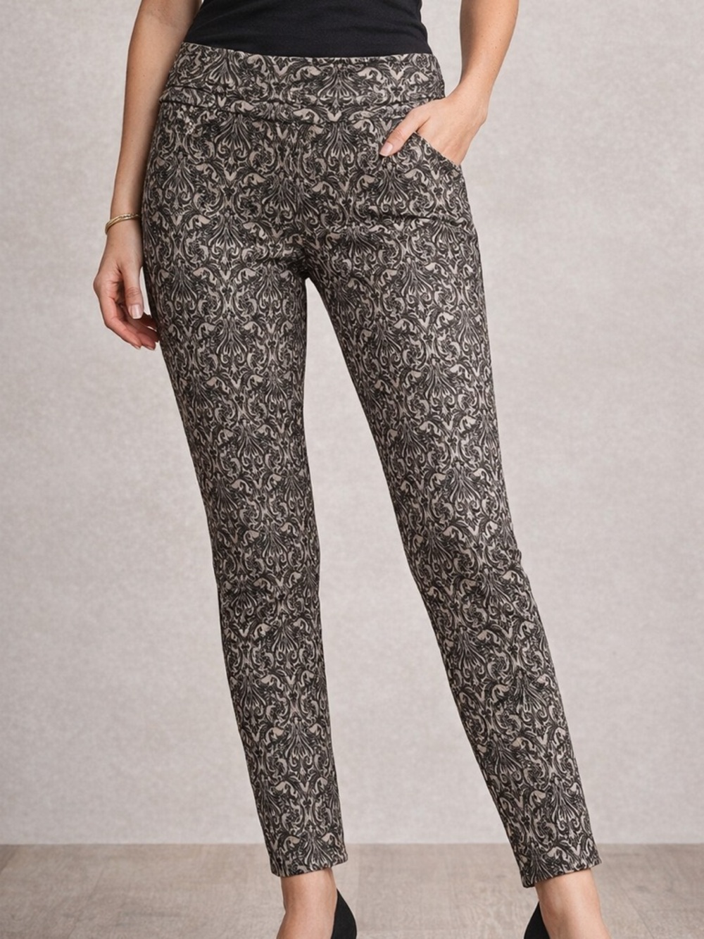 Renuar Damask Print Pants Size 16 Stretch Slim Ankle